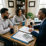 Three people reviewing a FAMILY FINANCIAL PLAN with documents, calculator, and laptop charts