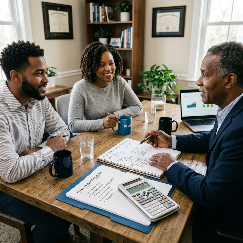 Three people reviewing a FAMILY FINANCIAL PLAN with documents, calculator, and laptop charts